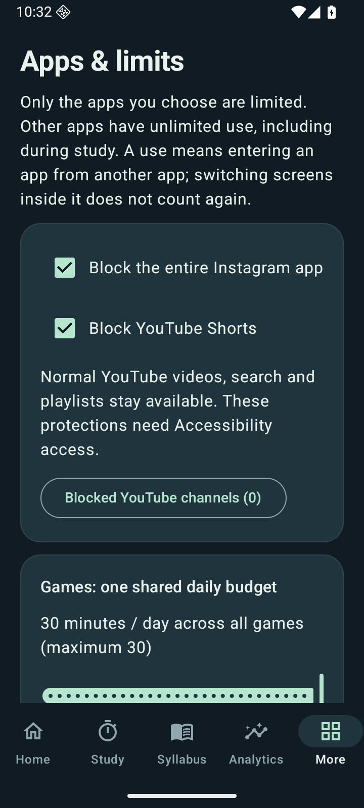 Actual app limits screen showing Instagram and Shorts restrictions and a shared games budget
