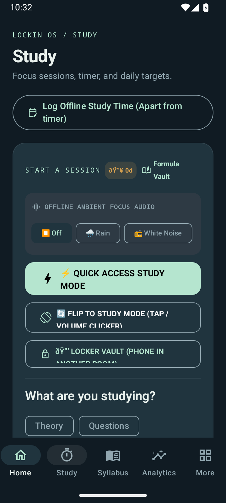 Actual LOCKIN OS study screen with theory and question session controls