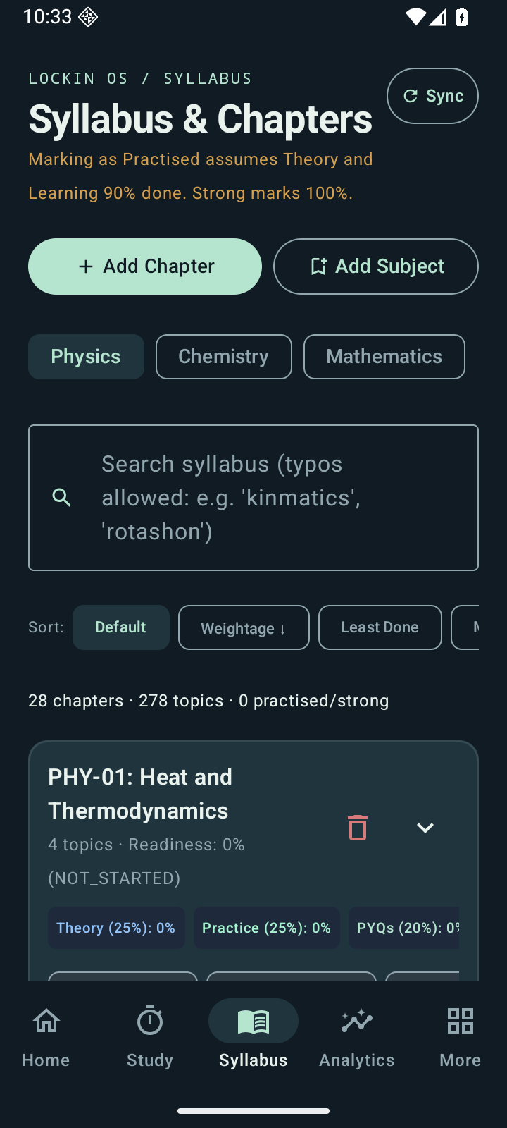 Actual LOCKIN OS JEE syllabus screen